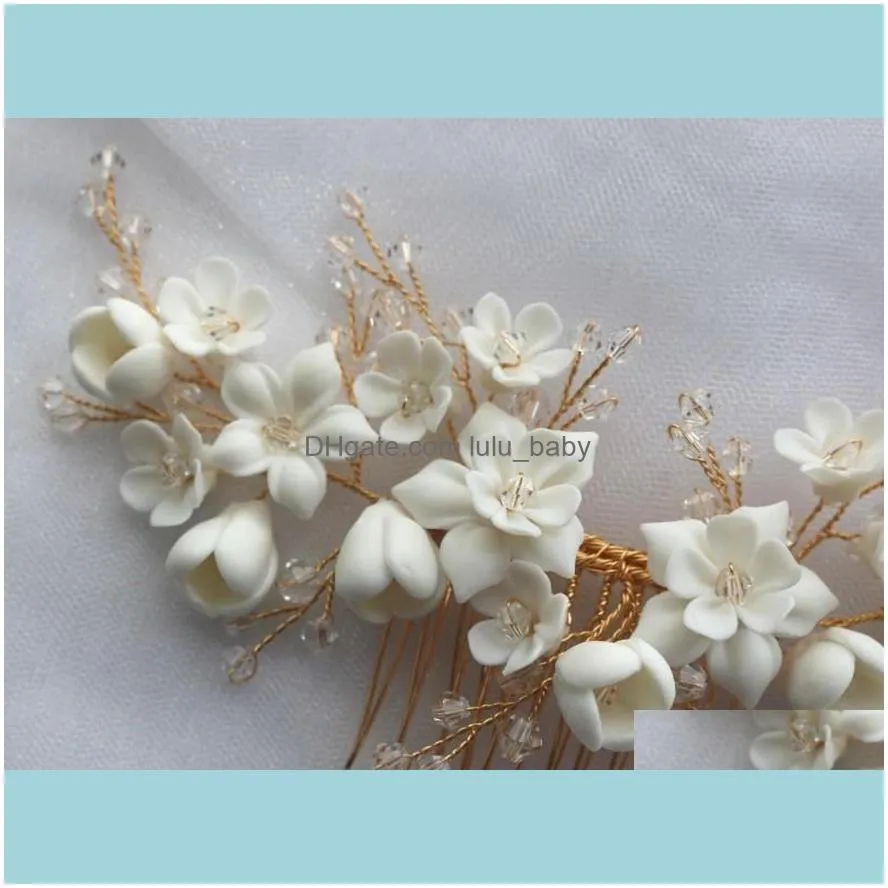 White Ceramic Flower Hair Comb Bridal Crown Pearls Jewelry Handmade Wedding Headpiece Fashion Women Hairpiece