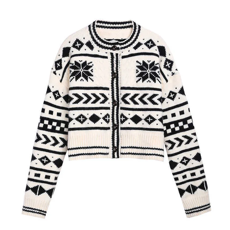 PERHAPS U Women Short Thin Sweater Knitted O Neck Crew Neck Cardigan Button White Black Brown Geometric Outwear Autumn M0236 210529