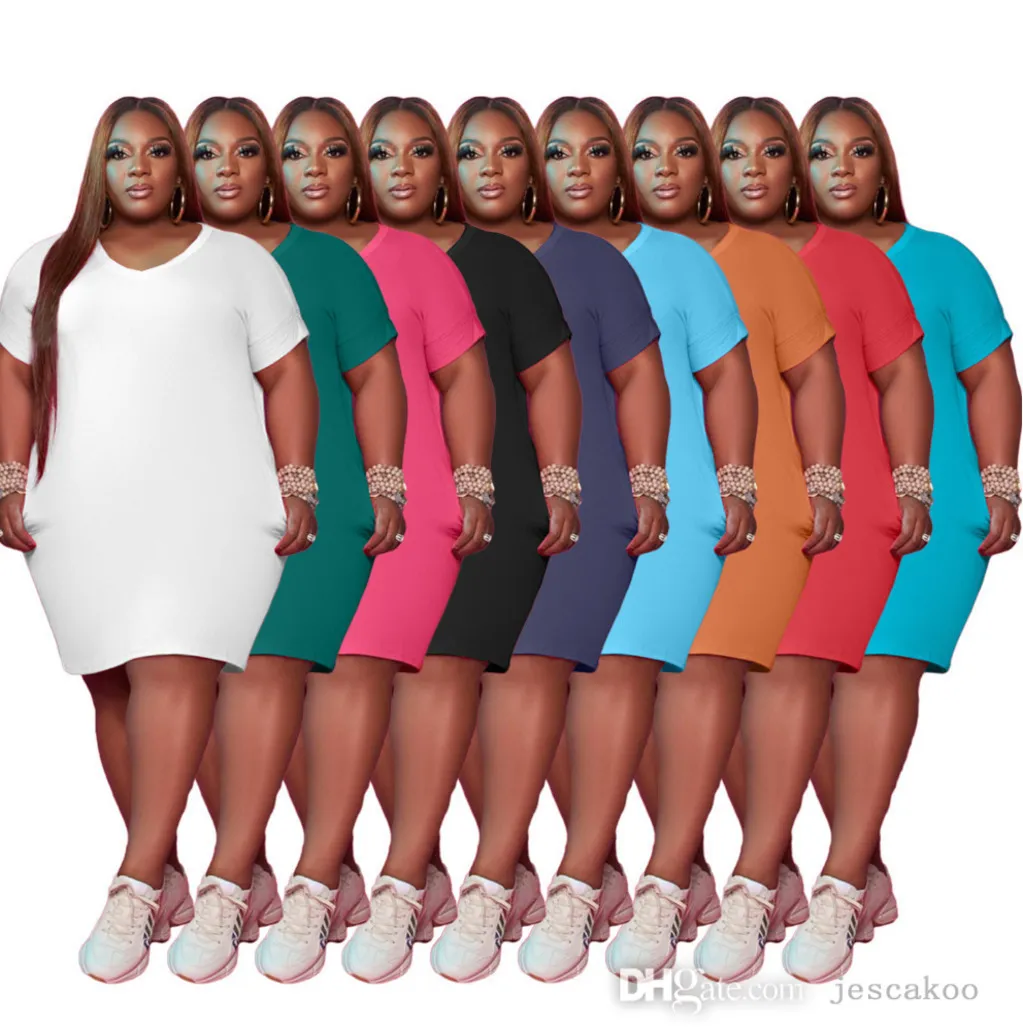 Оптом 9 цветные летние женщины платье плюс размер одежды мода твердого цвета круглые шеи женские платья l-5xl