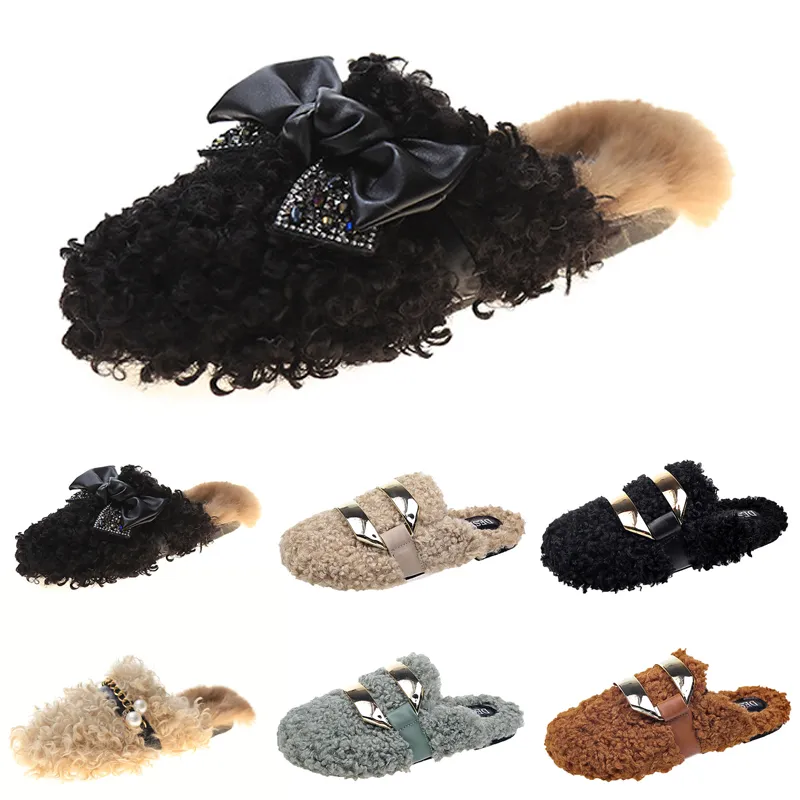 Wholesale Newly autumn winter womens slippers metal chain all inclusive wool slipper for women Brown outer wear plus big szie Muller half drag shoes