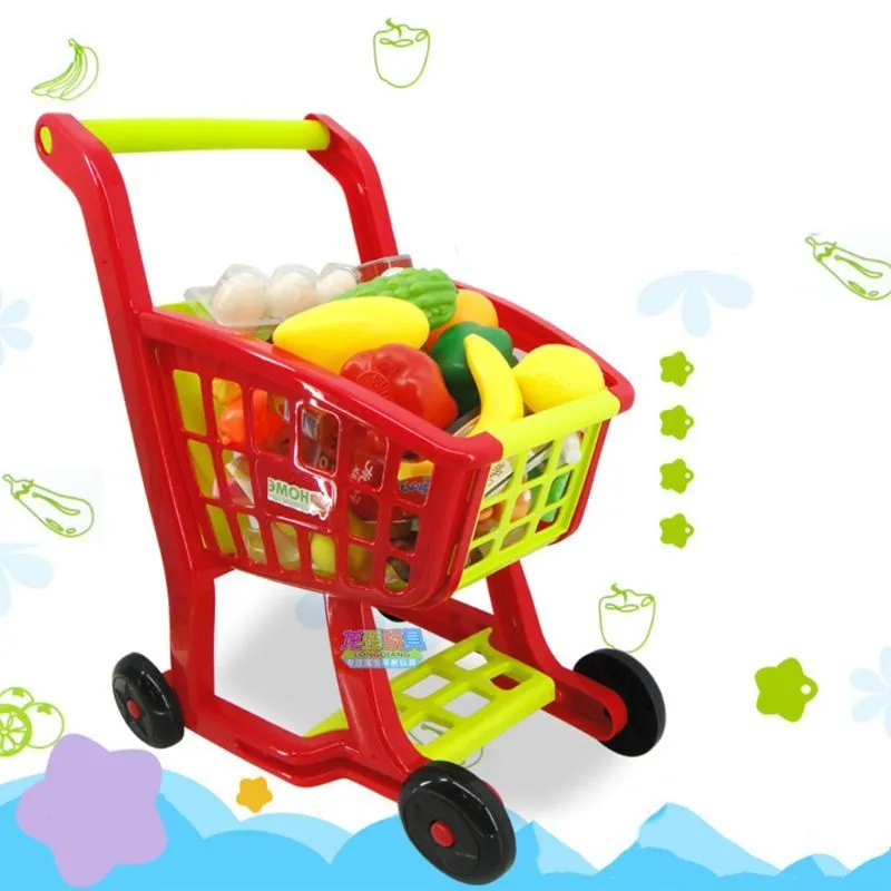 Childrens Shopping Trolley Cart Play Food Set Kids Pretend Shop Push Along Toy