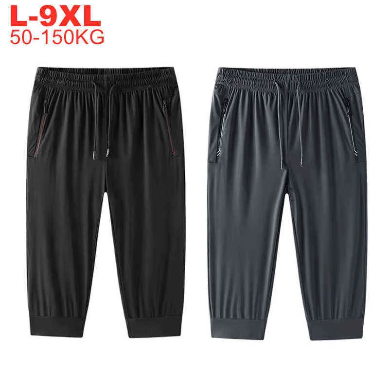 Extra Big Size 9xl 8xl Summer Thin Ice Silk Cropped Sports Shorts Men's Loose High-stretch Casual Pants Quick Dry Men Joggers H1210