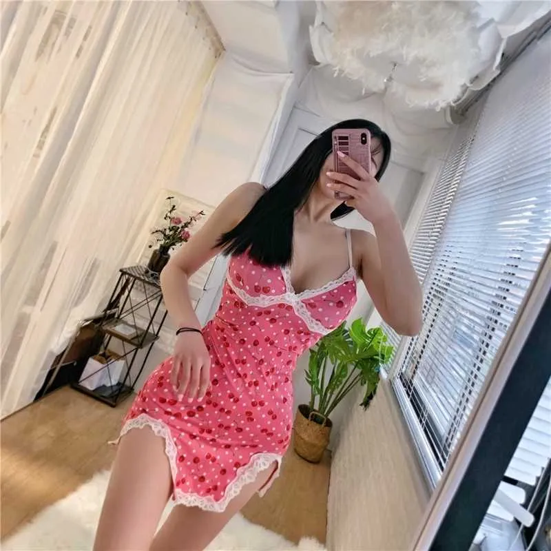 Women's Summer Sundresses Sexy Lace Stitching Strap Dress Pink Irregular Cherry Y2k Clothes For Women Party 210604