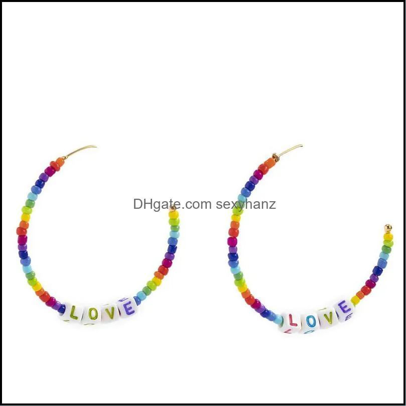 Bohemian Rainbow Color Beads Stud Earrings C-shaped Love Letter Ear Drop European Women Acrylic Rice Beaded Alloy Dangle Earring Jewelry