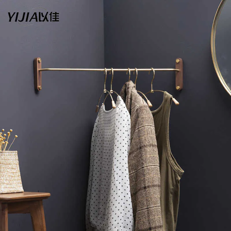 Solid wood hanger wall hanging bedroom corner rack simple clothes rack brass hanging rod 210702