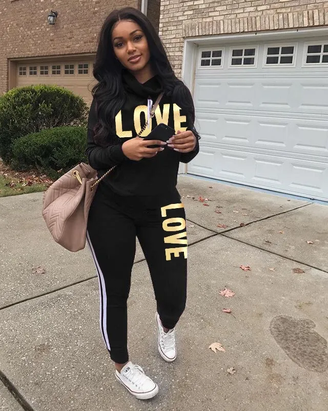 Women's Tracksuits Two Piece Pants 2021 Plus Size 2 Set Women Outfit LOVE  Letter Print High Neck Hoodies Sweatshirt Tracksuit Streetwear Casual Suit