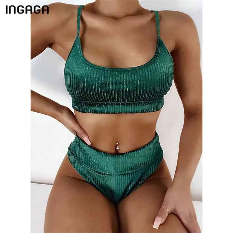 Ingaga High Waist Bikinis baddräkter Ribbed Badkläder Push Up Biquini Sexig Klipp Badkläder Navy Beachwear 210722