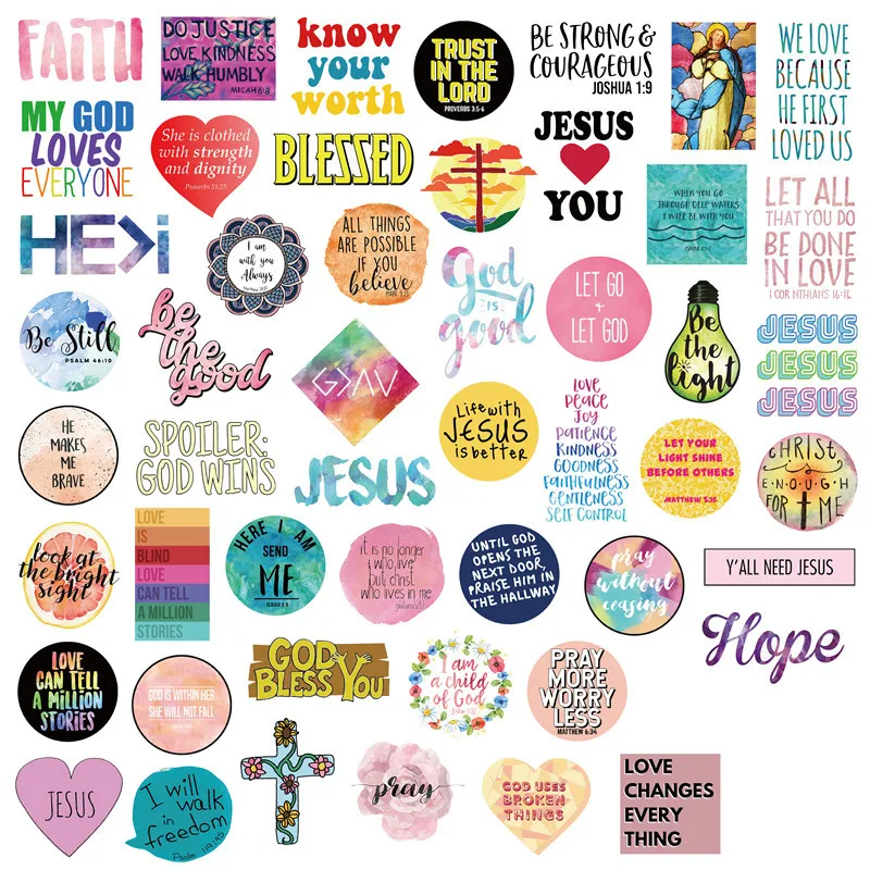 50 stks-pack Jezus Christian Inspirational Vinyl Sticker Waterdichte Stickers voor Fles Laptops Auto Planner Scrapbook Telefoon Macbook Kledingkast Muur Organizer Decal