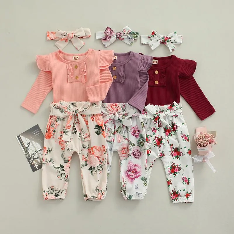 Zestawy odzieżowe 0-24m Baby Girl 3 szt. Urodzony Casual stroje żebrowane Rękaw Round Neck Playsuit Kwiat Druku Spodnie Pałąk