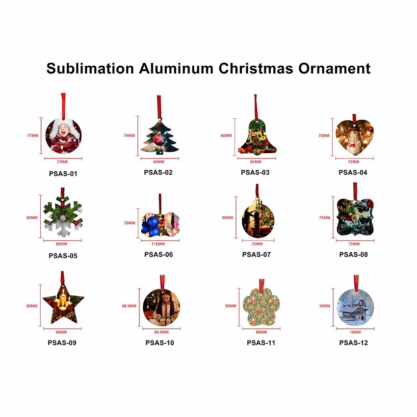 Sublimation Blank Christmas Ornament Double-Sided Xmas Tree Pendant Multi Shape Aluminum Plate Metal Hanging Tag Holidays Decoration Craft HH21-657