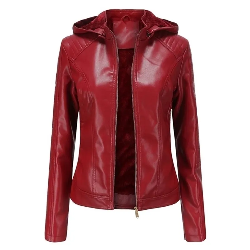 Мода твердая молния PU кожаный байкер куртка женская осень зима Искусственная меховая туника верхняя одежда женский плюс размер с капюшоном бархат Y201006
