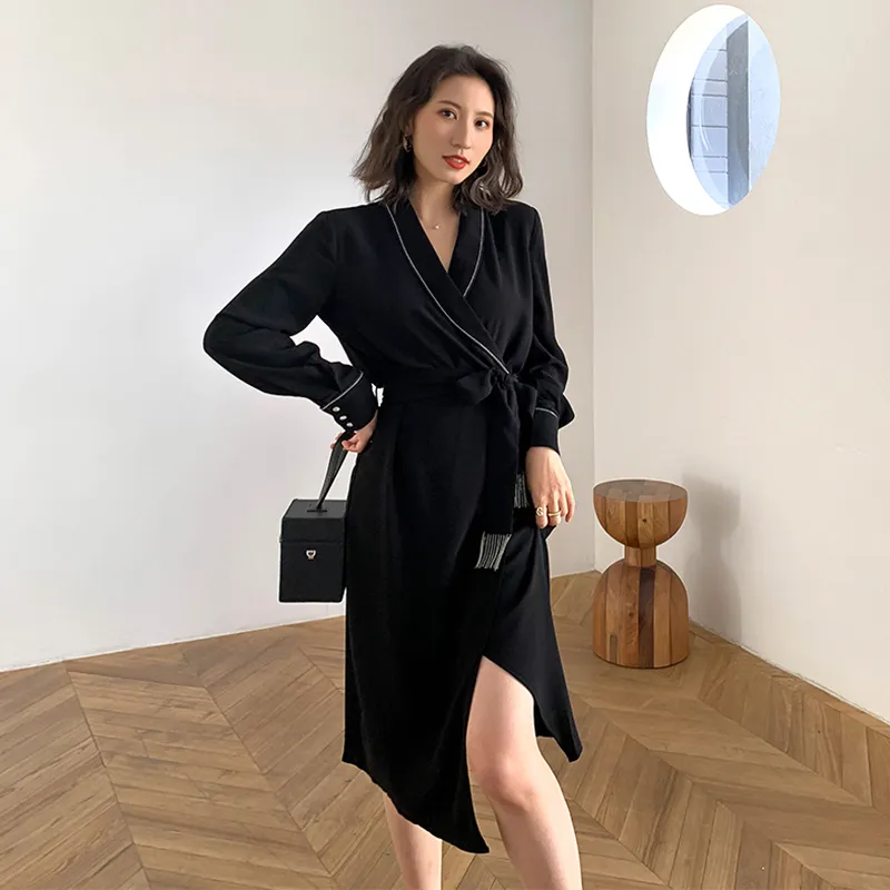 Vintage Black Chiffon Sash Wrap Dress - Elegant Long Sleeve Black Midi Party Dress for Women - Spring/Autumn Vestidos