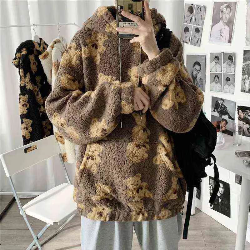 Moda coreana Bear Bear Bear Pullovers Homem Harajuku Solto Casual Moletom Outono All Match Sweatshirts Casal roupas W220221