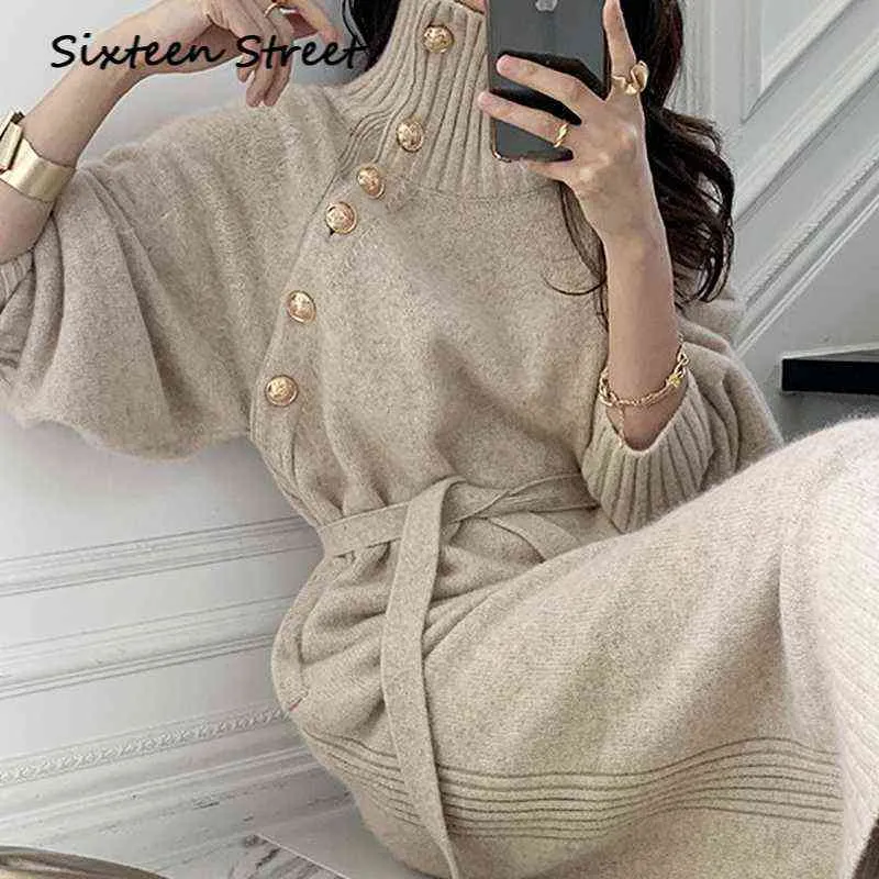 Wysokiej jakości sweter z wełny Vestido de mujer z długim rękawem Maxi Sukienki dla kobiet Single Breasted Turtleneck Koreańska odzież mody G1214