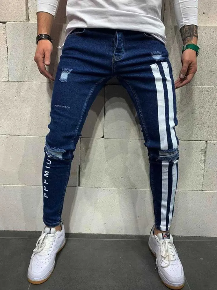Jeans da uomo Stampa di lettere bianche Pantaloni a matita strappati skinny Pantaloni a righe Hip-Hop Hole Slim Fashion Denim Nero Grigio X0621