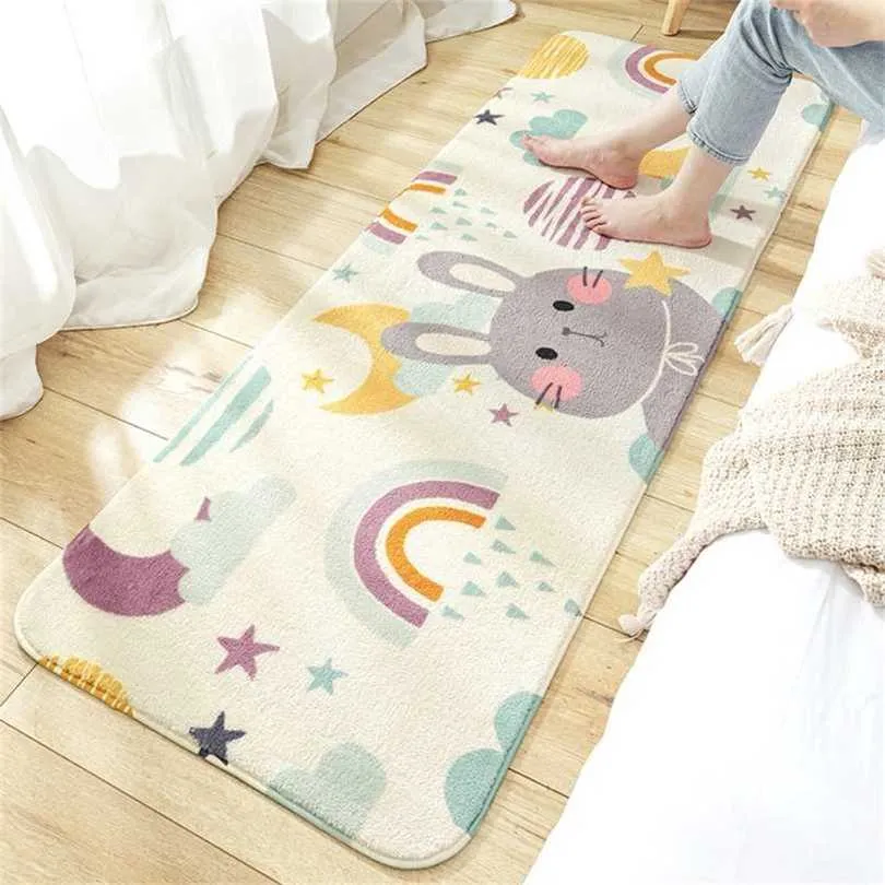 Cartoon Rainbow Rabbit Home Bedroom Long Strip Golvmattor Vardagsrum Sofa Barnens Non-Slip Carpet 211124