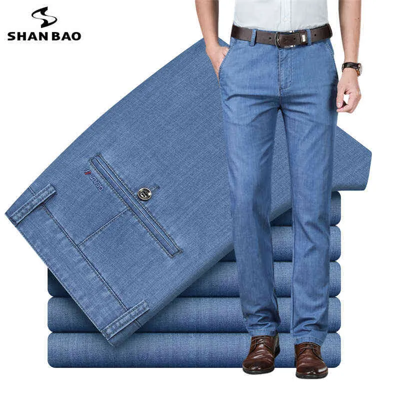 Shan Bao Wiosna Letnia Marka Fit Proste Cienkie Modal Denim Jeans Business Casual Męskie High Waist Lightweight Stretch Spodnie G0104