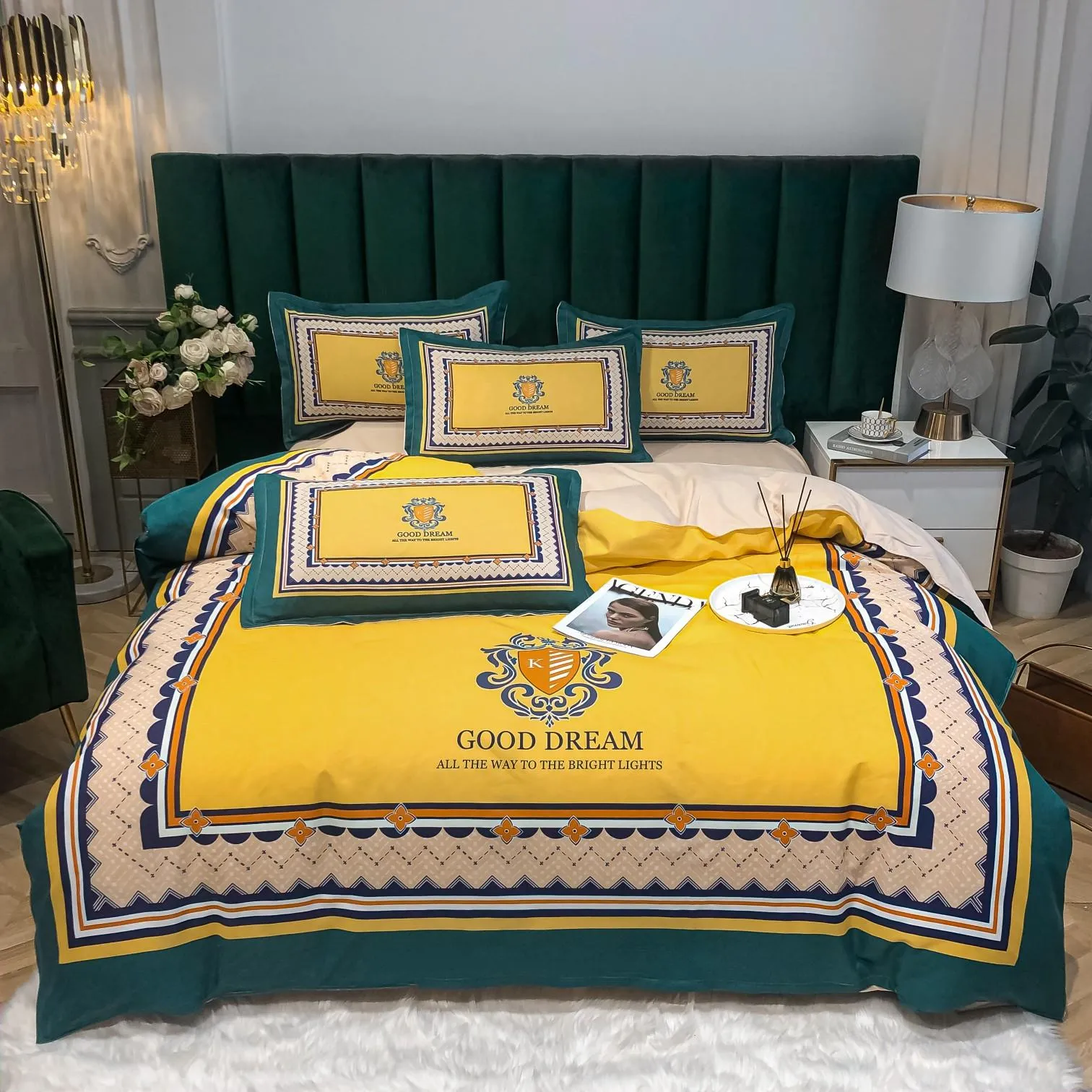 Set di biancheria da letto di design giallo Copripiumino in cotone stampato moda Boemia Queen Size Set di trapunte da letto di lusso di alta qualità