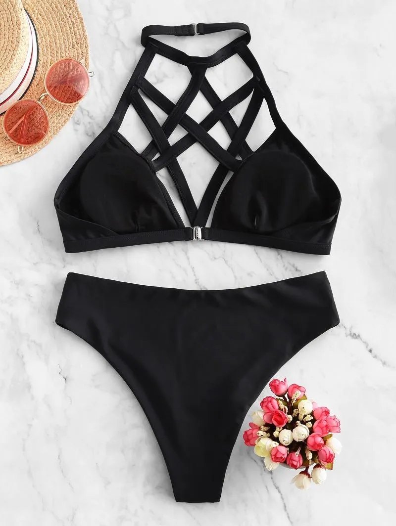 ZAFUL Halter High Leg Criss Cross Bikini Set With Cutout Vest And