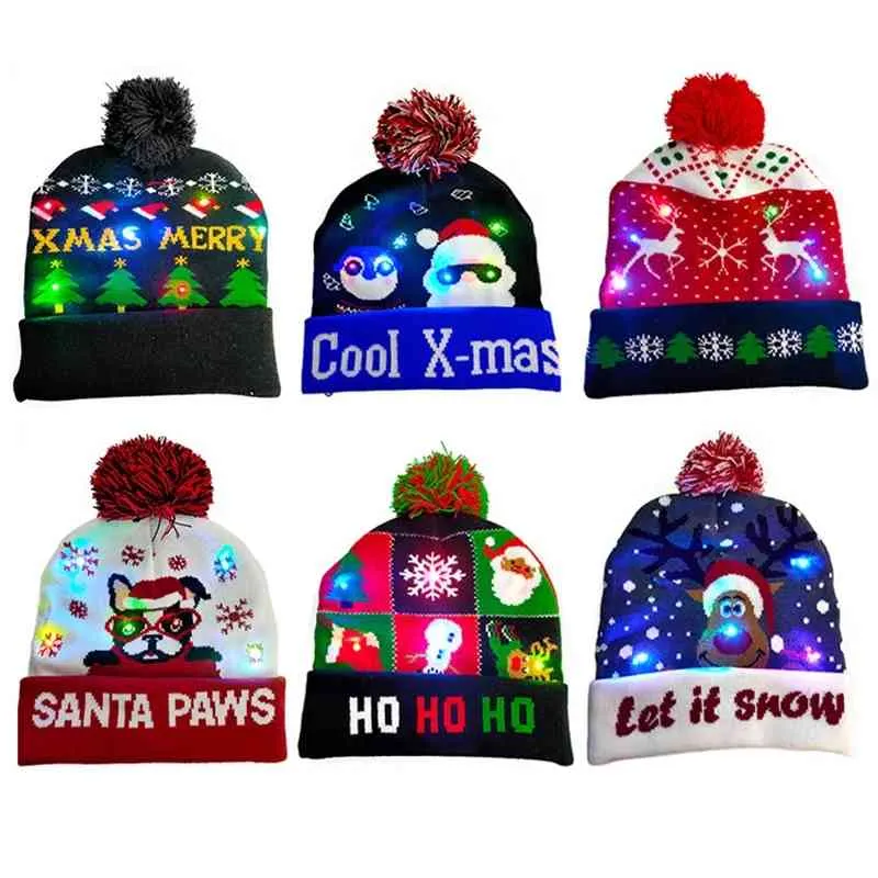 Vinter Mode Kvinnor Ljus upp Xmas Sticka 6 Lights Led Party Pompom ftival Hallowmas Fira Beanie Christmas Hat