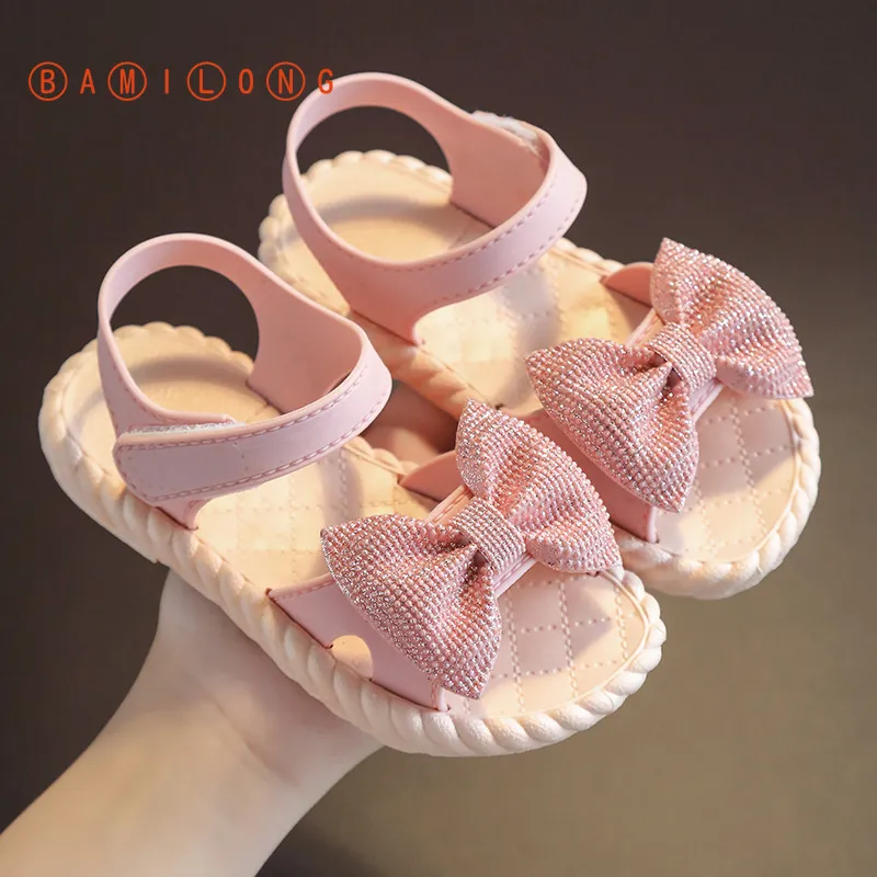 BAMILONG Novas sandálias infantis de verão para meninas, laço, solado macio, princesa, dedo do pé aberto, sapatos de praia para bebês S563 210226