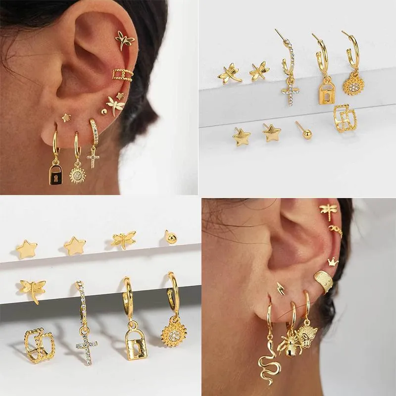 Stud guld örhängen för kvinnor mini dangle ovanliga örhängen uppsättningar kors / stjärna eleganta boho smycken droppe öra clip hjärta flicka gåva