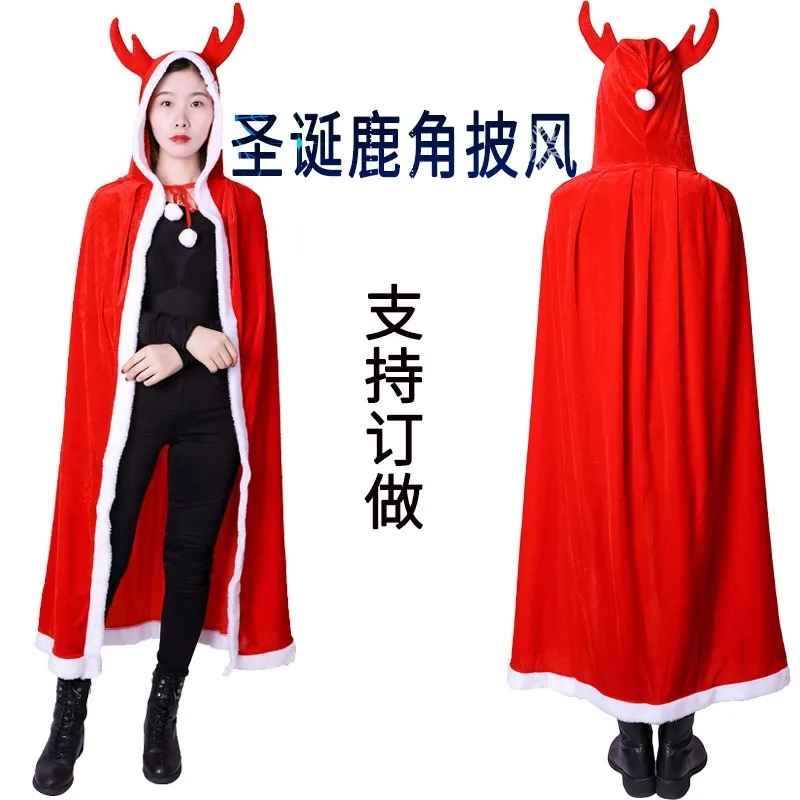 New clothing cloak hoodie with antlers golden velvet adult children's red cape