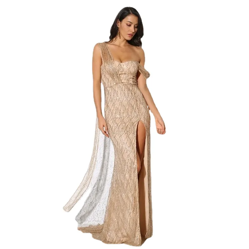 Vestido de Festa Complemento Até o Chão, UM Ombro, Costas Abertas, Dourado, Sexy, Noite, Maxi платье платья