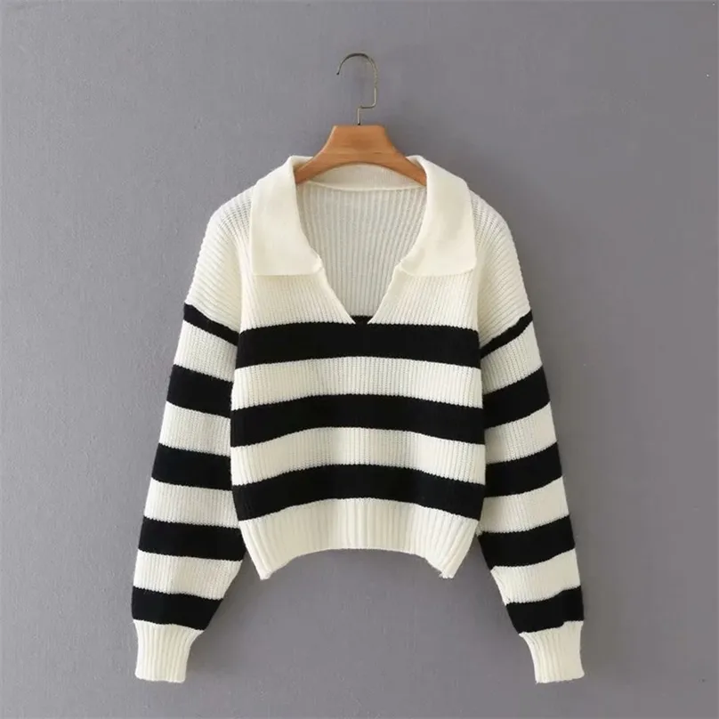 TRAF Women Fashion Striped POLO Collar Loose Knit Sweater Retro Long Sleeve Pullover Streetwear 210918