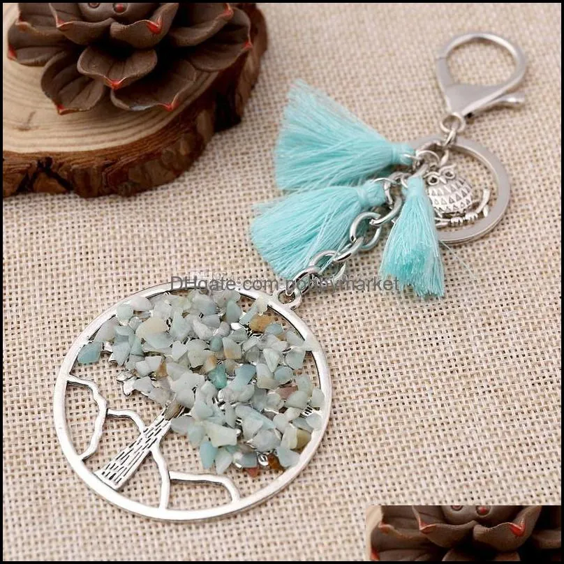 Natural Stone Tree of Life Keychain Tree Owl Tassel Key Chain Key Rings Bag Fashion