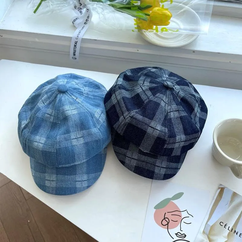 Berets Women's Hat British Retro Check Denim Octagonal Korean Version Japanese Art Leisure Travel Sunshade Painter Beret