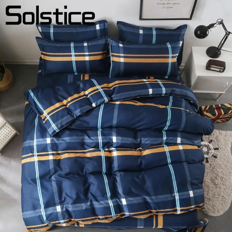 Solstice Home Textile Twin Full Queen King Bed Linen Set Boy Kid Adult Girl Bedding Suit Plaid Blue Duvet Cover Pillowcase 210309