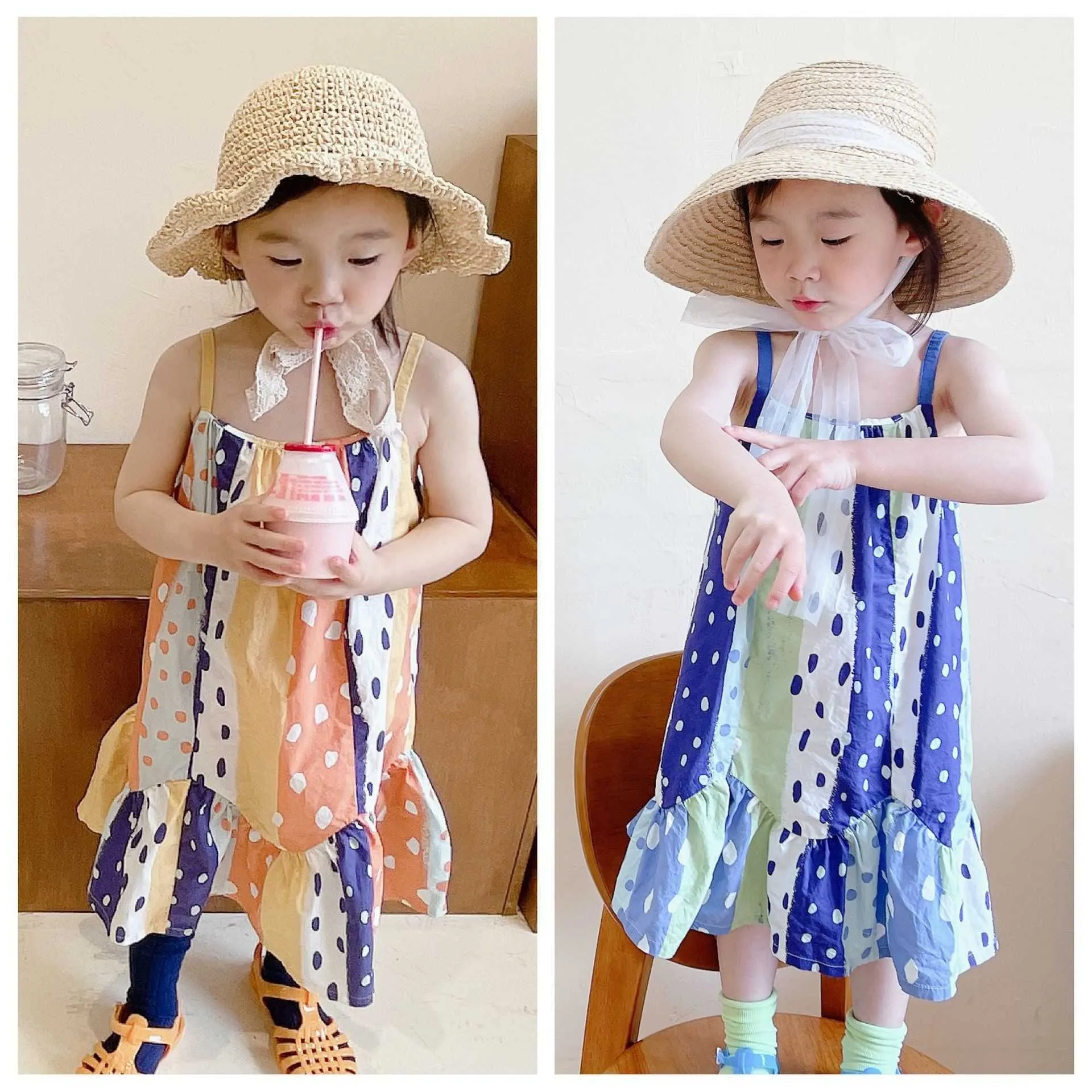 Sommer Mädchen Polka Dots Sling Kleid Für Kinder Urlaub Sleeveless Sommerkleid Baumwolle Rüschenkleidung 210529