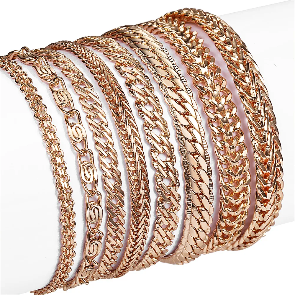 21 Styles 585 Rose Gold Bracelet for Women Men Girl Snail Curb/Weaving Link Foxtail Hammered Bismark Bead Chains 20cm