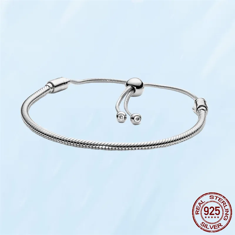 S925 Sterling Silver Bransoletki Dla Kobiet Fit Pandora Charms Koraliki Klasyczne CZ Diament Podstawowe Wąż Łańcuch Suwak Bransoletka Pani Prezent Z Oryginalnym Pudełku