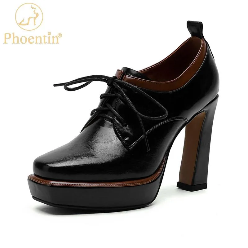 Dress Shoes Phoentin Thick Platform Genuine Leather 2021 Women High Heels Pumps Retro Square Toe Lace Up Mixed Color FT1630