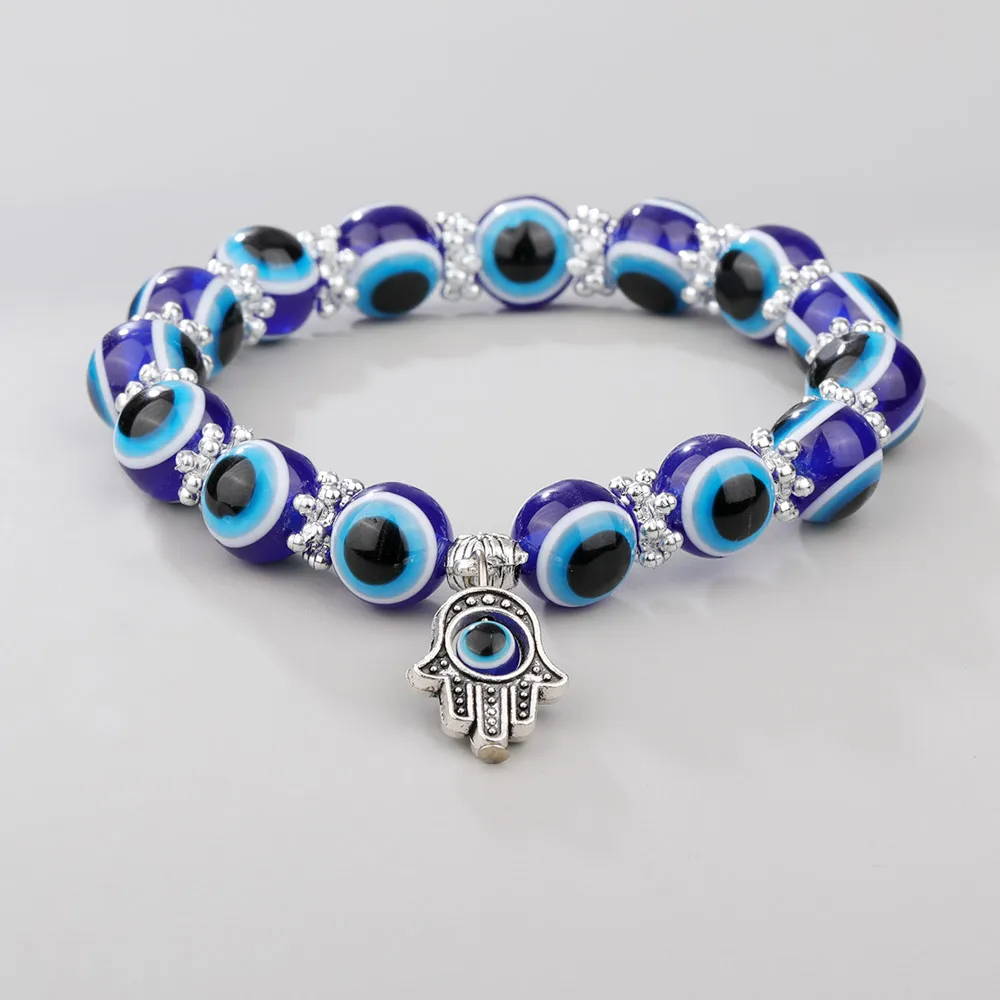 Mode Silber Farbe Strang Armband Evil Blue Eye Hand Palm Armbänder für Frauen Perlen Kette Vintage-Schmuck Weibliche Geschenke