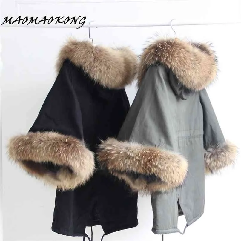 Kvinnor Vinterrock Jacka Raccoon Stor Fur Collar Army Green Casual Overcoat Flare Sleeve Cloak Cotton-Padded Outerwear 210923