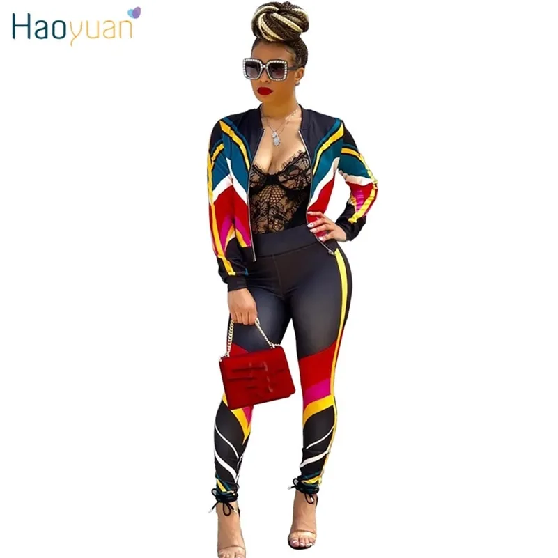 Haoyuan Plus Size 2 Set due pezzi Abbigliamento donna Top con zip a righe + Pantaloni aderenti Tuta sportiva Abiti casual Completi coordinati Tuta Q190507