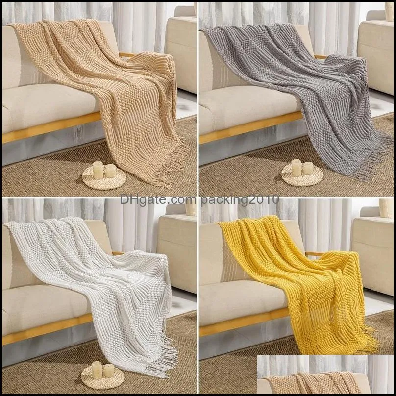 Blankets Solid Color Knitted Blanket Portable Tassel Bedspread Office Nap Air Conditioning Throw For Car Airplane Travel