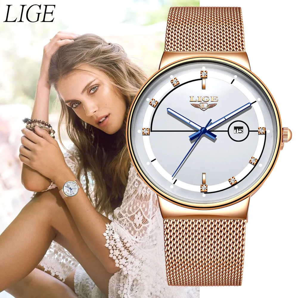 새로운 Lige Womens 시계 탑 브랜드 럭셔리 아날로그 쿼츠 시계 여성 메쉬 스테인레스 스틸 날짜 시계 패션 울트라 얇은 방수 210310