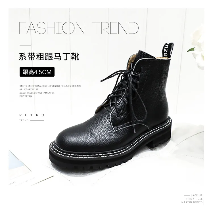 Cowhide lesbian  platform round toe Martin leather ankle boots