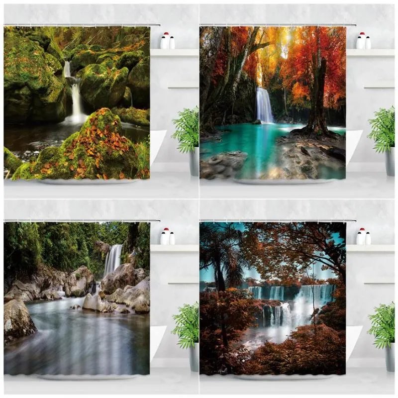 Shower Curtains Natural Scenery Bathroom Waterfall Red Maple Tree Jungle Landscape Fabric Home Decor Waterproof Bath Curtain Set