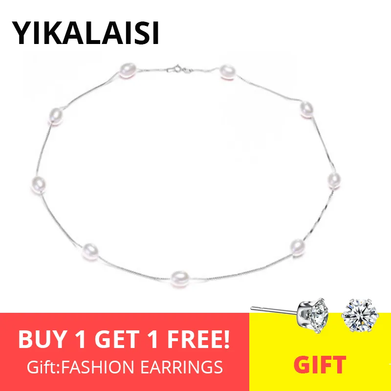 Yikalaisi 925 Sterling Silver Chain Natural Pearl Chokers Halsband Smycken för kvinnor 7-8mm Pearl Halsband Tillbehör Q0531