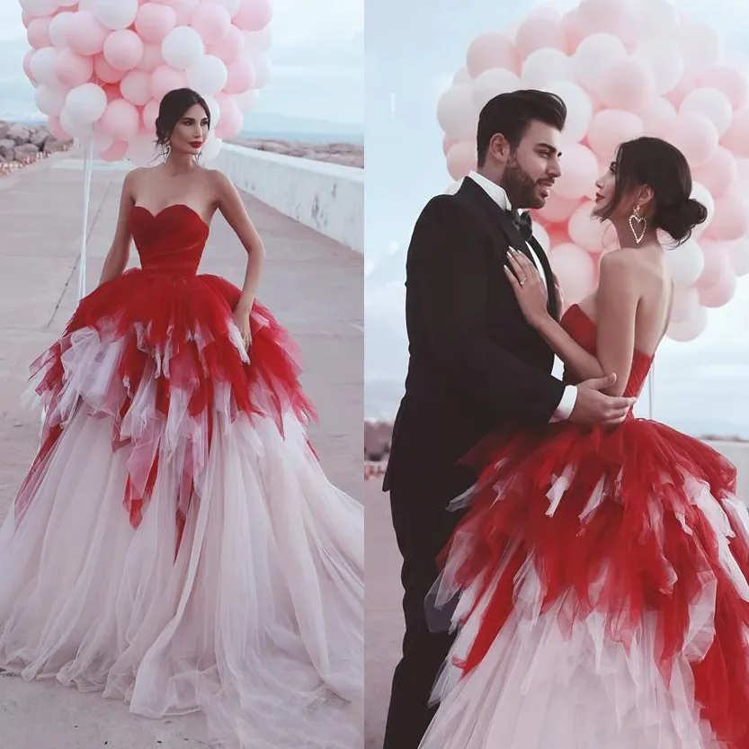 Colorful Red Dresses Sweetheart Neckline Tulle Tiered Skirt Sweep Train Custom Made Wedding Ball Gown Vestido 403