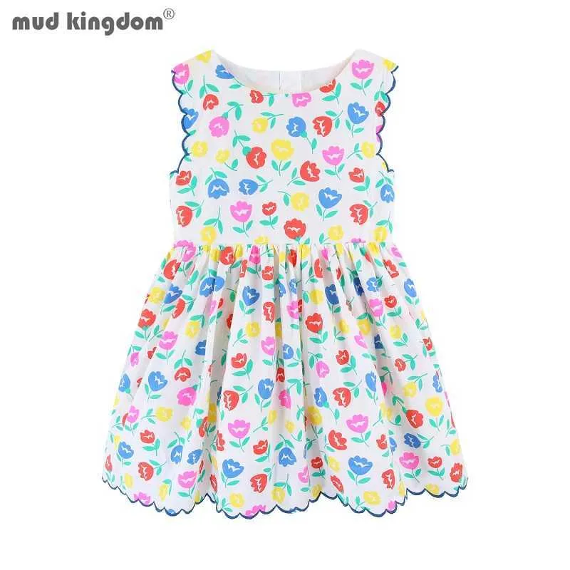 Mudkingdom Poppy Flower Girl Midiのドレスノースリーブの編まれた子供のためのノースリーブの編まれた編まれた子供のためのカラフルなドレスプリント王女の大きな女の子の服210615