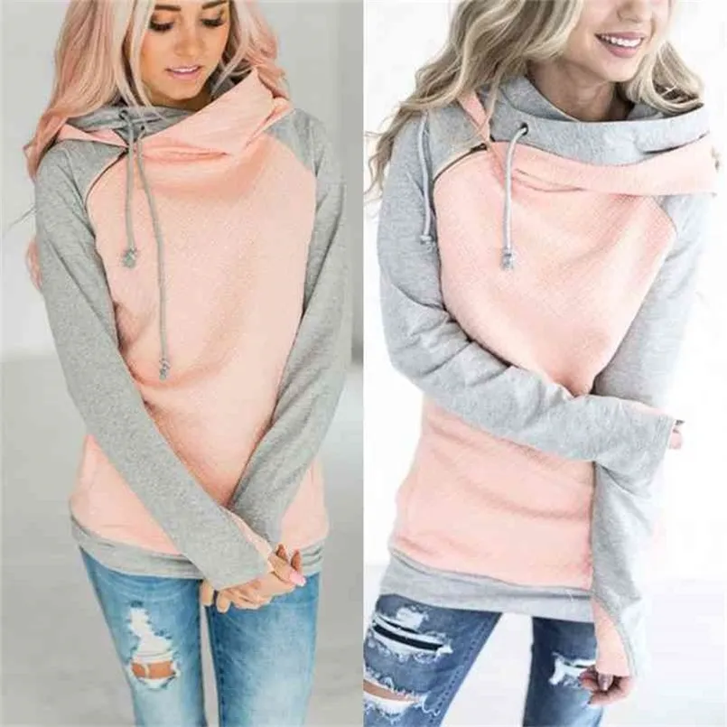 Elegancka Jesień Hooeded Bluza Kobiety Patchwork Długim Rękawem Pullover Streetwear Kieszonkowy Bawełniany Blend Bluds S M L XL 210809