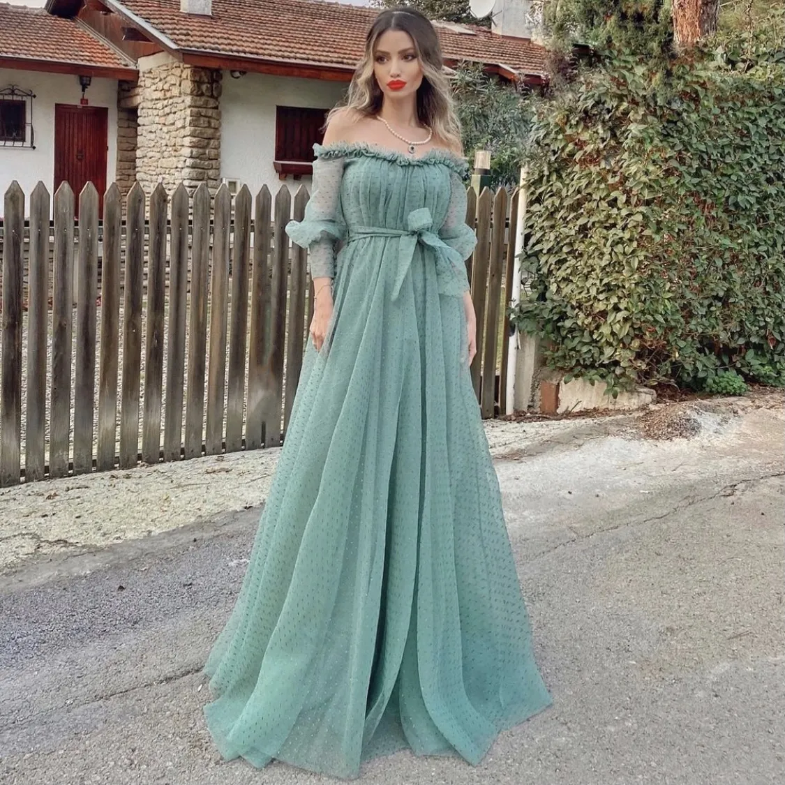 Turquoise Polka Dot Prom Dresses A Line Bateau Neck Off Shoulder Long Sleeve Bow Ruffles Tulle Backless Floor Length Evening Gowns