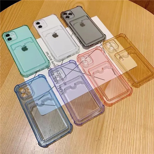 CRSYTAAL Clear Soft TPU Casi antiurto Antiurto con carta d'identità Scheda d'ID Pocket per iPhone 12 11 Pro Max XR A42 A52 A72 Airbag Airbag Quattro angolo TRASPARENTE PELLE TRASPARENTE PELLE Pelle posteriore