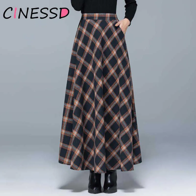 Żółta w stylu vintage Plaid Long Spódnica Koreańska szara elastyczna elastyczna kieszonkowa wełniana kieszonkowa spódnice damskie biuro Prace Casual Streetwear 210619